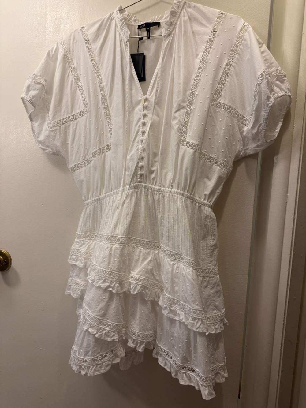 Maje White Lace Tiered V-Neck Midi Dress